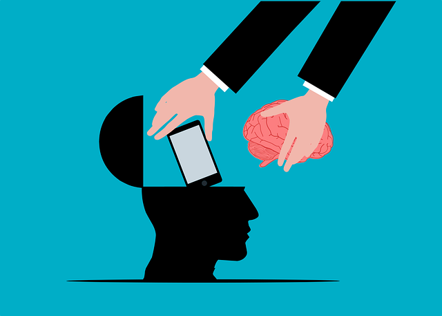 Ilustración cabeza abierta sacando cerebro y metiendo un móvil